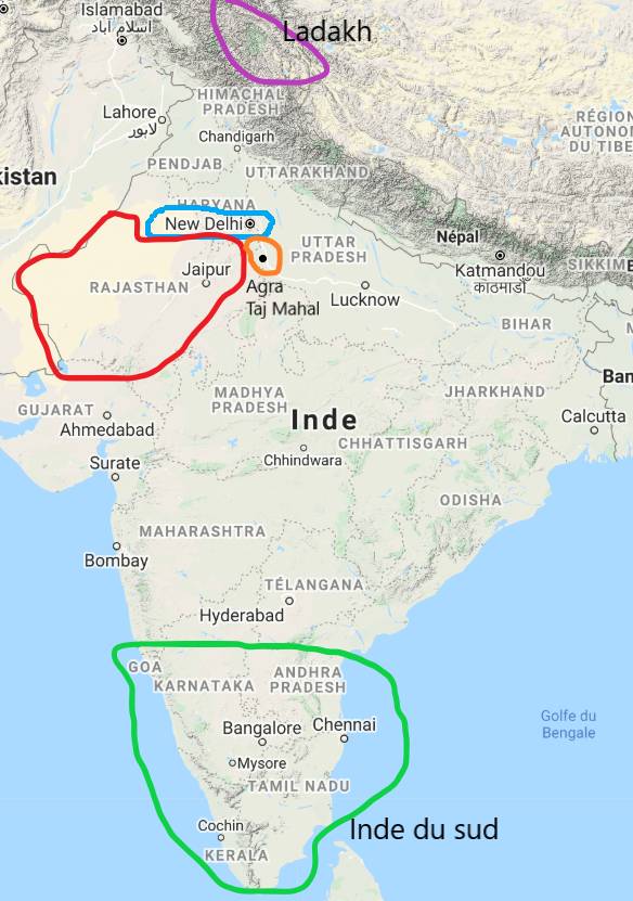 Carte d'Inde indiquant des régions