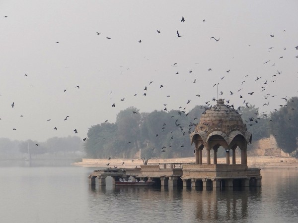 Jaisalmer promontoire sur un lac avec envol d'oiseaux