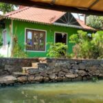 Maison verte avec des escaliers qui descendent dans un canal