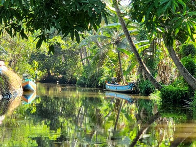 Effet miroir de l'eau d'un canal entourée de végétation, sur laquelle flottent 2 barques